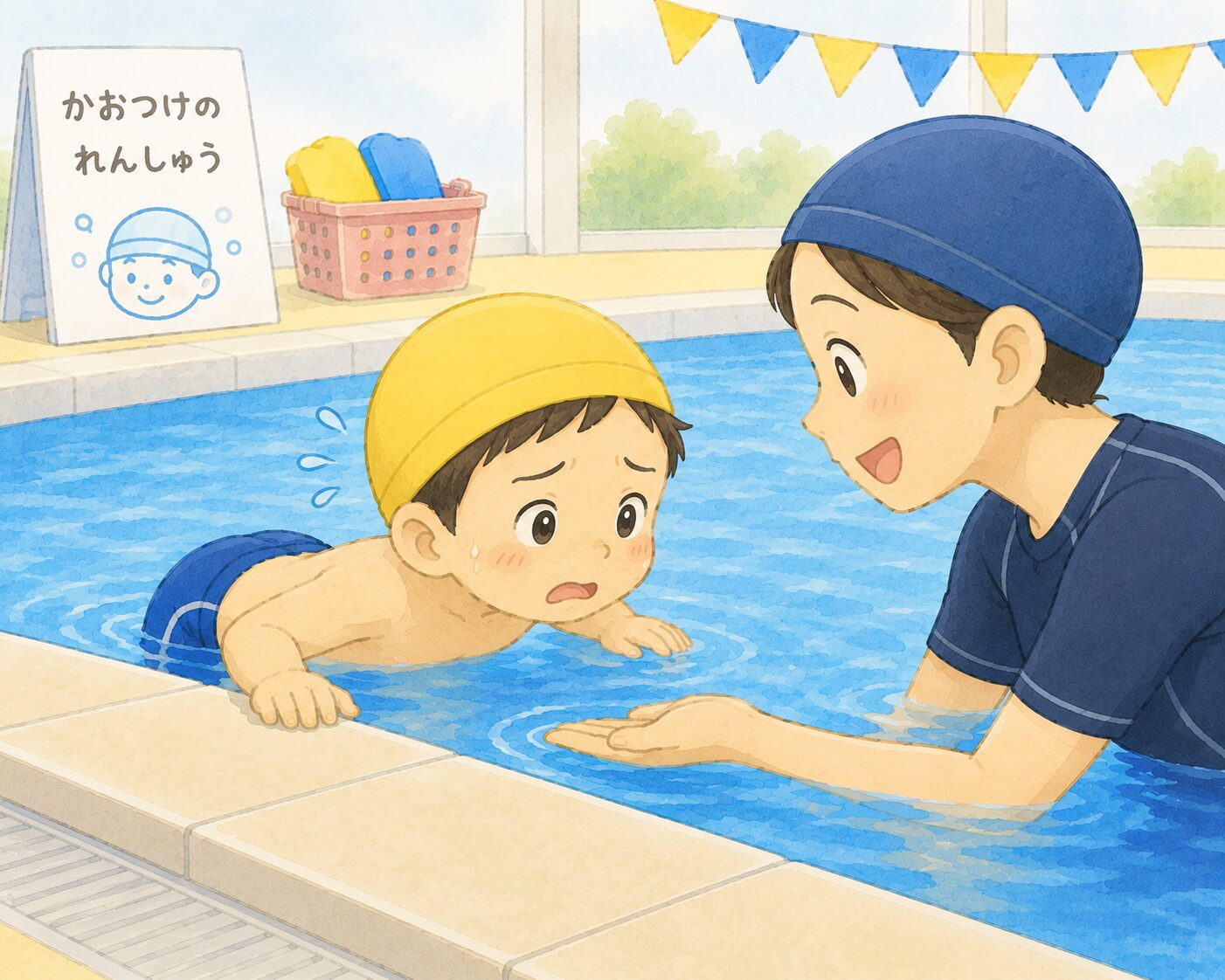 プールで顔つけの練習を頑張るこども